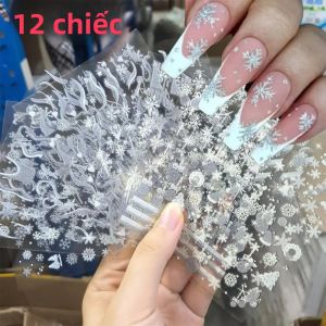 12 Miếng Dán Móng Tay Giáng Sinh 3D Bạc Lấp Lánh Hình Bông Tuyết Tuần Lộc Cây Thông Noel Chuông Mùa Đông Năm Mới Trang Trí Móng Tay Giấy Dán Trang Trí
