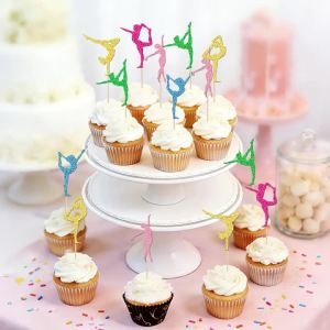 YOMDID 24Pcs Gymnastics Cake Toppers Glitter Gymnastics Lover Silhouettes Cupcake Toppers Sports Gymnastics Cake Insert Picks
