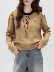 QINGNAER | Color Blocked Round Neck Cartoon Embroidery Sweater