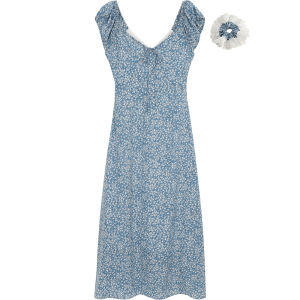 French Style Floral Print Long Dress Womens Elegant Design Gentle Summer Skirt High Waist A-Line Short Sleeve V-Neck Dress