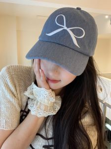 Gray Series Young Adult! Korean Bow Embroider Denim Baseball Cap Female K-style Face-Showing a Little Retro Peaked Cap