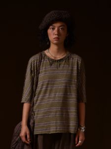 เสื้อยืดคอกลมแขนสั้นผ้าฝ้ายลินินถักลายทาง ทรงหลวมสบาย ๆ สำหรับฤดูร้อน 2022 แบรนด์ Left Bank Fragrance Original Design