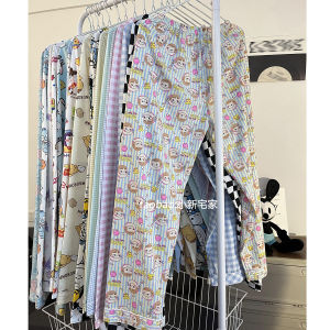 Quần Ngủ Hoạt Hình Quần Dài Mùa Hè Cho Nữ Quần Áo Ngủ Kẻ Ca Rô Có Thể Mặc Ngoài Mẫu Mỏng Xuân Thu Cotton Quần Mặc Nhà Thường Ngày Rộng Rãi