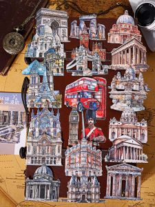 Travel Themed Hard Card Stickers Retro Hollow out Classic Scenic Scrapbooking Scene Decor DIY Material ป้ายติดอุปกรณ์สำนักงาน