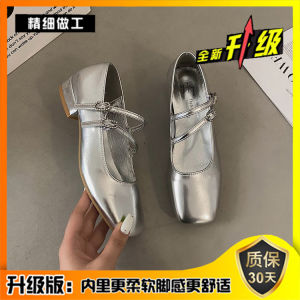 รองเท้าส้นเตี้ยหนัง PU ทรงหัวเหลี่ยมสไตล์เกาหลีสำหรับผู้หญิง ฤดูร้อน 2025 รองเท้า Mary Janes ส้นกลางแบบสวมสบาย