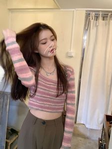 Áo Thun Nữ Cổ Vuông Ôm Vừa Vặn Dài Tay Họa Tiết Sọc Màu Khối Thời Trang Thu Đông Thường Ngày Chất Liệu Cotton Mặc Trong