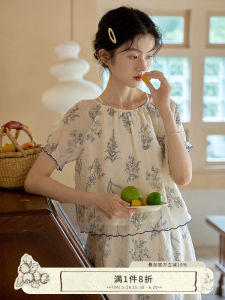 Nesoulum White Porcelain Pattern Short Sleeve Top And High Waist Mini Skirt Womens Summer Outfit Retro Two-Piece Set