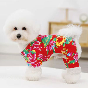 New Year Dog Clothes Cotton Padded Four Legs Warm Coat for Teddy Bichon Small Dogs Winter Northeast Big Flower Design Tang Costume