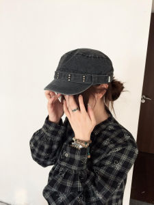 New Arrival Autumn Winter Retro Denim Flat-Top Peaked Cap Washed Old Easiest for Match Face-Showing Niche Style Rivet Big Head Circumference Hat