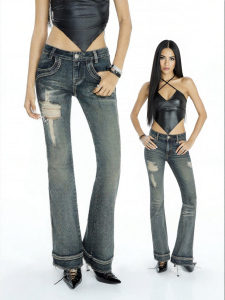 audwyn | Quần Jeans Rách Chéo Co Dãn Ôm Body Mài Mòn Thấp Flared Có Hai Túi