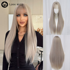 Long Straight Ash Blonde Wig for Women Daily Use High Density Synthetic Layered Gray Wigs with Neat Bangs Beginner Friendly