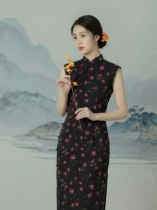 Spring Summer New Chinese Style Flower Print Mandarin Collar Fitted Sleeveless Dress