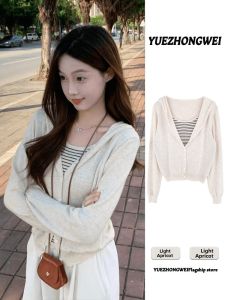 YUEZHONGWEI | Color-block Striped Hooded Fake Two-Piece Knit Sweater