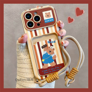 Cute Bear Window Phone Case with Card Holder Stripes Design for Apple 16 iPhone 15 pro Max 14 Cartoon Style with Lanyard
