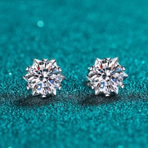 KNOBSPIN Moissanite Stud Earrings 1CT 2CT White Gold Plated Sterling Silver D VVS1 Lab Diamond Snowflake Ear Studs For Women