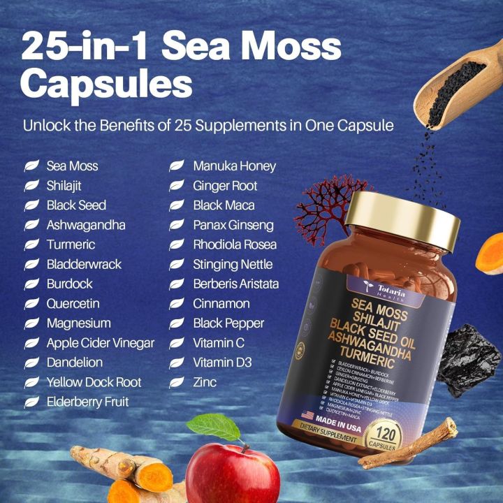 Totaria 25-in-1 Sea Moss Black Seed Oil Ashwagandha Ginger Shilajit Supplement, Sea Moss Capsules with Burdock Root Ceylon Cinnamon Vitamin C & D3 for Immune System, Gut, Skin & Energy
