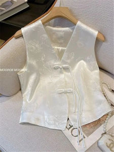 New Chinese Style Womens Vest Short Top with Button Embroidery Floral Pattern V-Neck Sleeveless Fashionable Clearance Sale