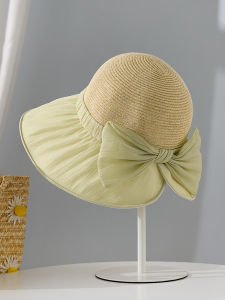 Womens Summer Sun Hat UV Protection Foldable Breathable Grass Hat Small Bow Knot Face Slimming Casual Style Outing Cap