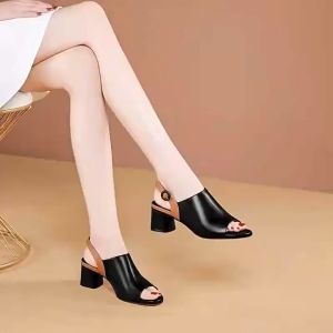 Soft Leather Fish Mouth Sandals for Women Summer European American Button Sandals Mid Heeled Thick Soled High Heels