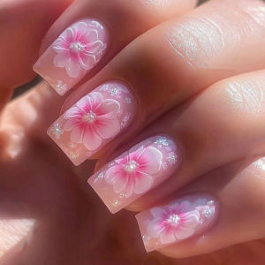 Medium fake nails for women girls gradient nude pink colors Spring summer flowers design full cover square tips press on nails