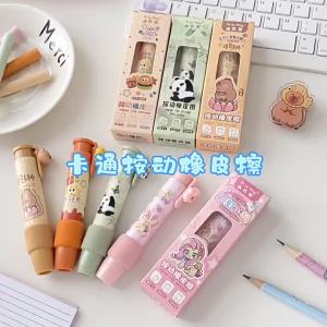 2024 Capybara Cartoon Press Eraser Pen Replacement Refills Kawaii Stationery Gift for Students Soft Art Retractable Rubber Correction Supplies