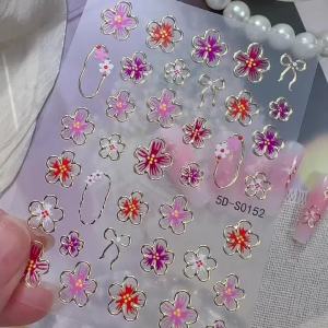 1Pcs 5D Embossed Gold Frame Flower Nail Stickers Pink Red Florals Self Adhesive Nails Decals Spring Five-Petals Manicure Sliders