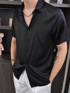 Shiny Acetate Cool Feeling Mens Shirt Smooth Quick Dry Loose Short Sleeve Ice Silk Chiffon Quick Dry Casual Workwear Trendy