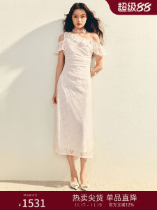 MaxRieny Holiday Style Asymmetric Lace Dress Slant Shoulder Gathered Neckline White Dress Nylon Spandex High Waist Tea Break Skirt