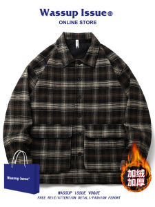 Wassup Issue Japanese Style Plaid Long Sleeve Mens Shirt Autumn Winter Thickened Fleece Retro Shirt Jacket Loose Fit Youth Fashion