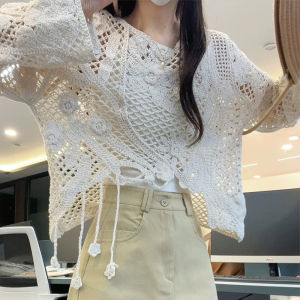 เสื้อถักแขนยาวลายดอกไม้สีพีชสำหรับผู้หญิงในฤดูร้อน เสื้อคลุมกันแดดทรงหลวม ดีไซน์ไม่สมมาตร ทรงสลิมฟิต เสื้อคอตั้ง