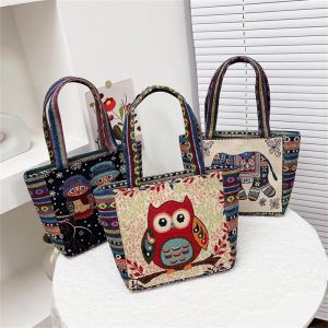 Phụ nữ động vật thêu phong cách dân tộc Tote Túi Retro Owl in hình voi Túi xách phụ nữ tái sử dụng túi shopping đeo vai