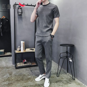 RedDragonfly Ice Silk Cool Feeling Short Sleeve T-Shirt And Long Pants Mens Summer Casual Sports Set Lightweight Breathable