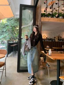 High Waist Slit Denim Skirt Sweet Savvy Style Versatile Slimming Mid-Length Half Skirt for Women Cotton Spring Season