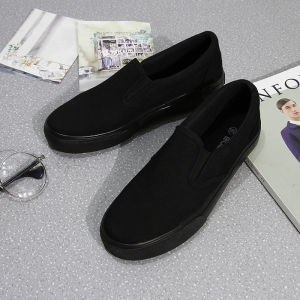 รองเท้าผ้าใบสีดำล้วน ทรงหุ้มข้อต่ำ รองเท้าลำลอง รองเท้าทำงาน รองเท้าผ้าใบพื้นแบน รองเท้าผ้าใบส้นแบนสำหรับผู้หญิง รองเท้าส้นแบนแบบสวมสบาย