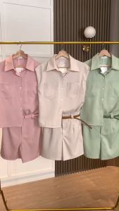 SET7346 Modist Slim Belt Shirt w/ Shorts Set