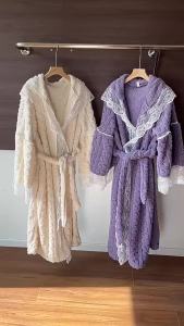 Áo Choàng Ren Lông Cừu Dành Cho Nữ Dày Dặn Thường Ngày Dài Đến Đầu Gối Loungewear Cổ Chữ V Dài Tay Thu Đông Homewear Dành Cho Nữ Sinh Viên