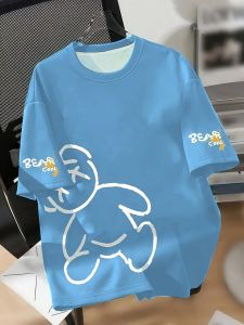 Summer mens round neck breathable T-shirt with cartoon bear print pattern suitable for daily and weekend gifting to friends