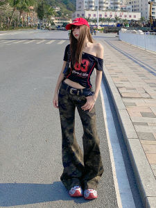 Low Waist American Style Camouflage Bell Bottom Jeans Womens Retro Slim Fit Casual Denim Pants Autumn New Arrival