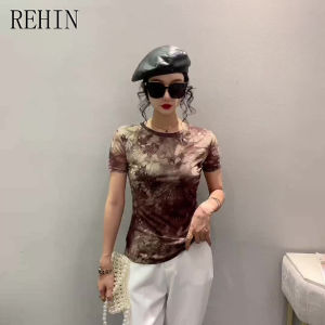 REHIN Womens T-shirts New Summer fashion mesh brown color printed short-sleeved T-shirt round-neck  Slim thin elegant trend tops