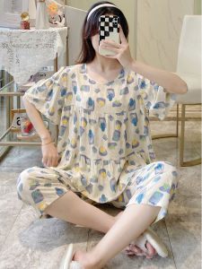 Bộ Đồ Ngủ Cotton Lụa Mùa Hè Cho Nữ Tay Ngắn Quần Dài Đến Đầu Gối Mỏng in Họa Tiết Hoạt Hình Mặc Nhà