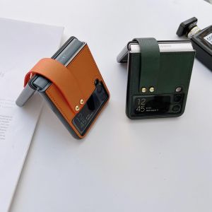 Samsung ZFlip4 Foldable Phone Case Simple Business Litchi Skin Pattern Wrist Strap Stand Anti-Fall Creative Protection ZFlip3 Cover Trendy