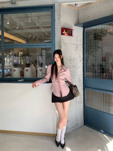 Autumn New Pink Stripe Slim Fit French Style Blouse