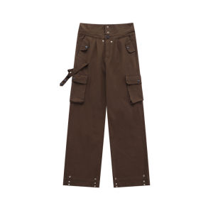 กางเกงขายาวทรงหลวมเอวสูงสไตล์ย้อนยุค HTYM Hot Vision กางเกงขายาวทรงหลวมสำหรับผู้หญิงในฤดูใบไม้ผลิและฤดูใบไม้ร่วง