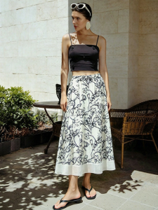 AMII | Summer Holiday Style Elastic Waist Floral Print Linen Skirt