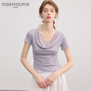 Áo Thun Tay Ngắn Giả Hai Mảnh Phối Ren Xếp Ly