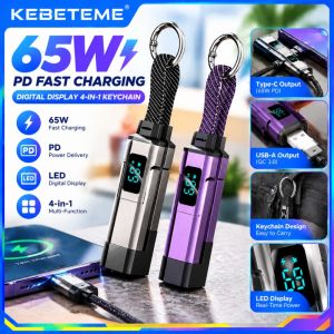 KEBETEME 65W PD Fast Charging Keychain Cable Digital Display Screen 4 In 1 Multi Device Data Cord For Phone Laptop Tablet Type C USB C Lightning Portable Nylon Braided Durable