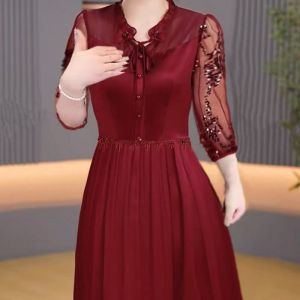 Kababaihang middle age kaswal na three-quarters sleeve evening dresses women lace sleeve bowknot lace up a-line dress middle age mother elegant red high waist dresses lady