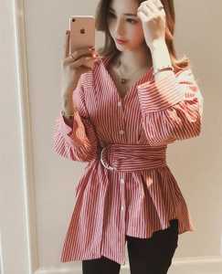 ECLAIRE 02L Kemeja Wanita Salur Stripe Kerja Kasual Korea Basic Dasar Classy Imlek Natal Import lxs