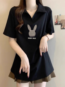 เสื้อยืดคอโปโลแขนสั้นผ้าฝ้ายแท้สีดำ ทรงหลวม สำหรับผู้หญิง ฤดูร้อน แฟชั่น ลำลอง ลายพิมพ์ แขนสั้น คอโปโล แขนสั้น แฟชั่น