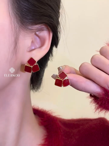 Bông tai nữ chuôi bạc 925 Eleanor Accessories hình vuông đỏ phụ kiện trang sức khuyên tai noel 11015